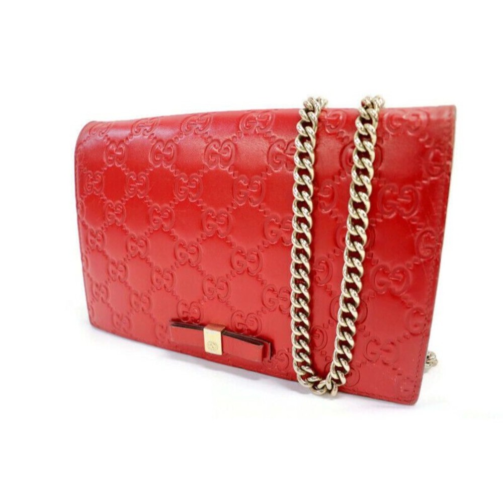 GUCCI - Guccissima Hibiscus Red Leather GG Mini Chain Wallet / Crossbody Bag